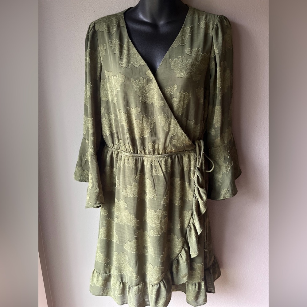 Elegant Olive Green Wrap Midi Dress